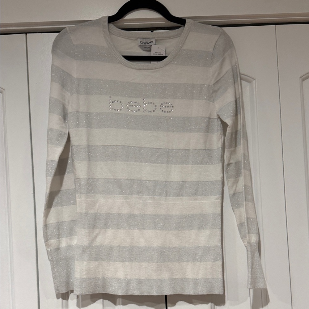 Bebe White‎ and Gray Striped Knit Top with rhinestone word medium nwt
